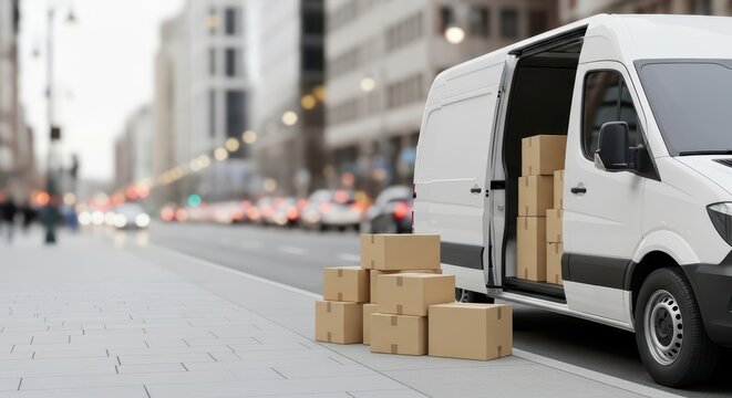 White delivery van with cardboard boxes on busy city street