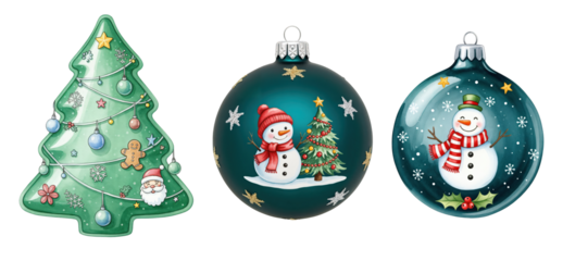 Vibrant Christmas Ornaments Collection Featuring Decorated Trees, Cheerful Snowmen, and Holiday Symbols on transparent background