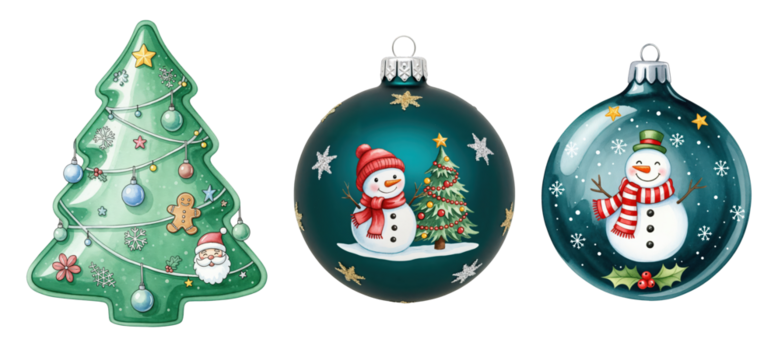 Vibrant Christmas Ornaments Collection Featuring Decorated Trees, Cheerful Snowmen, and Holiday Symbols on transparent background