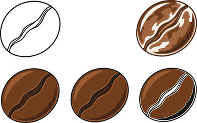 Set of Five Coffee Bean Vector Illustrations Different Styles Outline and Brown Color Design