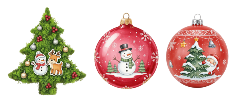 Assortment of Festive Christmas Decorations: Green Tree with Snowman and Reindeer, and Two Red Bauble Ornaments - Powered by Adobe