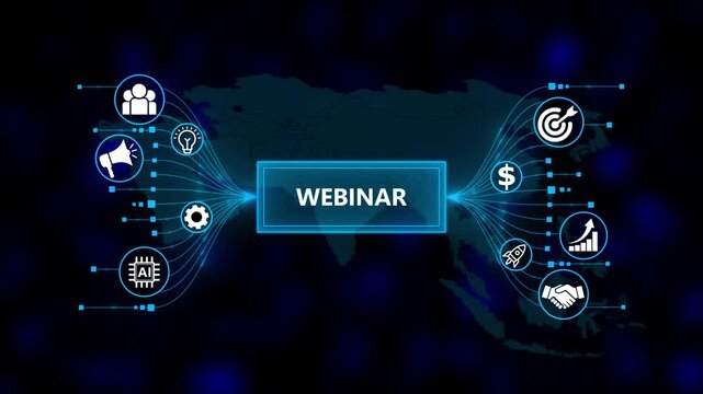 Webinar Concept with Connected Icons. Business, Technology, Internet and network concept. Business icons on digital world map background. - Powered by Adobe
