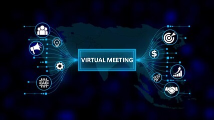 Business Concept of Virtual Meeting with Icons. Business, Technology, Internet and network concept. Business icons on digital world map background. - Powered by Adobe