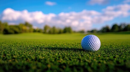 Golf ball on a green fairway, sunny day