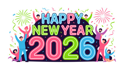 New Year's Eve Festivities: Celebrating the arrival of 2026, a vibrant and joyful scene unfolds with animated characters and celebratory elements. 