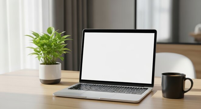 Open laptop on desk with potted plant and black mug in bright room - Powered by Adobe