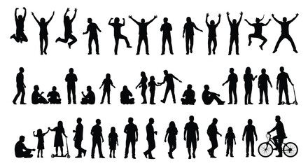 Silhouettes of diverse active people, children, and adults jumping, sitting, standing, and playing with scooters and bicycles, depicting joy, leisure, activity, and freedom.