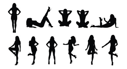 Silhouettes of beautiful women posing in high heels and short dresses, depicting fashion, glamour, sensuality, beauty, modeling, elegance, and confident body language in various poses.