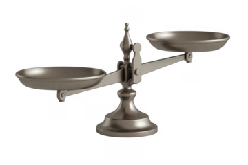 Antique balance scale with two empty pans isolated on a transparent background