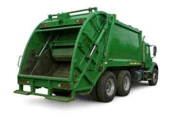 Green garbage truck operating for waste management and sanitation, collecting refuse on transparent background