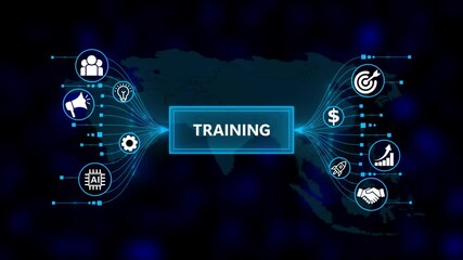 Digital concept of training with glowing icons. Business, Technology, Internet and network concept. Business icons on digital world map background. - Powered by Adobe