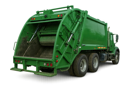 Green garbage truck operating for waste management and sanitation, collecting refuse on transparent background
