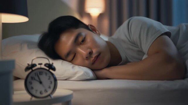 A person is seen lying in bed, facing the bedside table where a ticking alarm clock is place