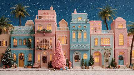 Dreamy pastel christmas town with glowing windows, palm trees and falling snow