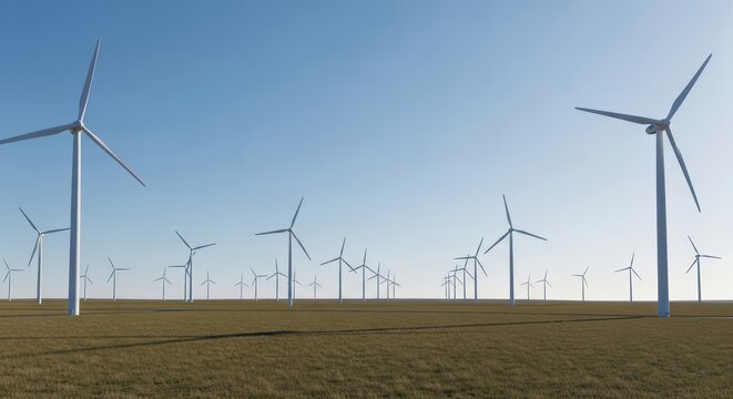 Vast wind farm landscape with multiple wind turbines on open green field