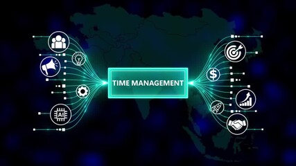 Digital concept of time management. Business, Technology, Internet and network concept. Business icons on digital world map background. - Powered by Adobe