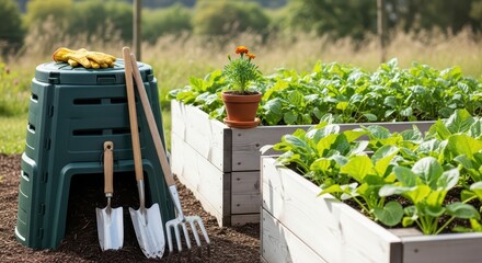 Naklejka premium Lush vegetable garden with raised beds, tools, and greenery in sunlit field