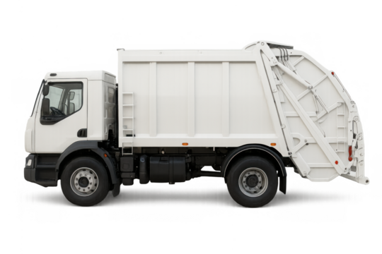White garbage truck parked, collecting urban waste, managing city refuse, providing sanitation service, transparent background