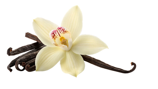 Vanilla Orchid Flower Resting on Three Whole Cured Vanilla Beans