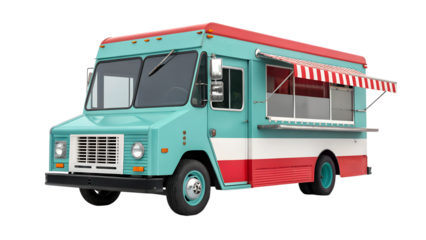 Vibrant Aqua and Red Retro Food Truck with Serving Window Open