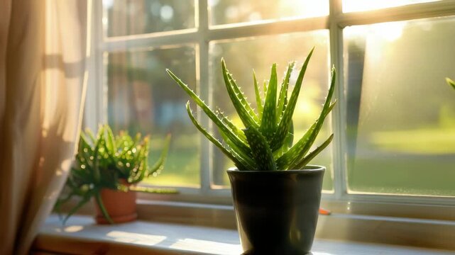 Aloe vera plants in pots on sunny windowsill