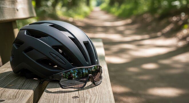 Black bike helmet and sunglasses on wooden bench along sunny forest path
