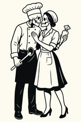 Skeleton Chef and Baker Couple Embracing with Kitchen Tools Vector