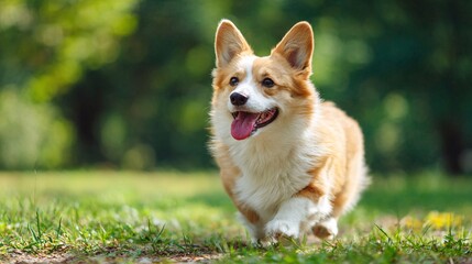 Overweight corgi running happily in a green park with sunshine