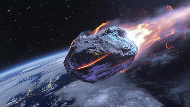 Asteroid Entering Earth's Atmosphere with Fiery Trail and Planetary View space