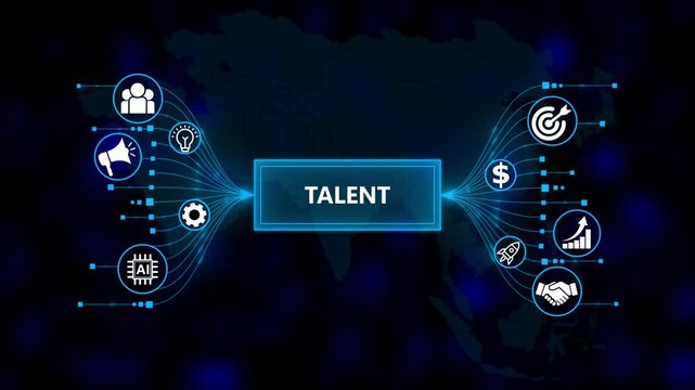 Digital concept of talent with interconnected icons. Business, Technology, Internet and network concept. Business icons on digital world map background. - Powered by Adobe