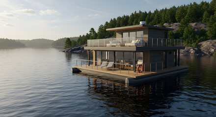 Obraz premium Stunning lake house boasts modern design and serene waterfront living, ideal for vacation rentals