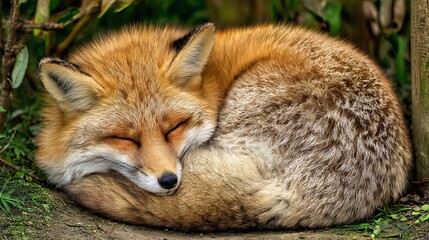 Fat fox curled up sleeping peacefully with fluffy tail