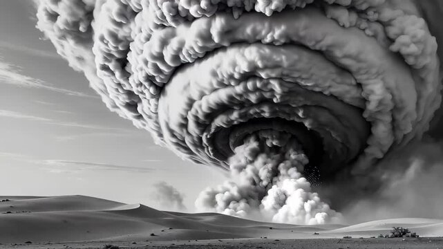 Swirling Black and White Dust Cloud Over Desert Dunes dust storm sandstorm