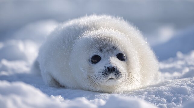 Round fluffy baby seal lying on white snowy beach