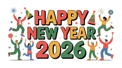 Happy New Year 2026: The joyous beginning to the New Year, depicted in a vibrant illustration of individuals reveling with fireworks, balloons, and party hats. Celebrating a fresh start.