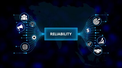 Digital concept of reliability with interconnected icons. Business, Technology, Internet and network concept. Business icons on digital world map background. - Powered by Adobe