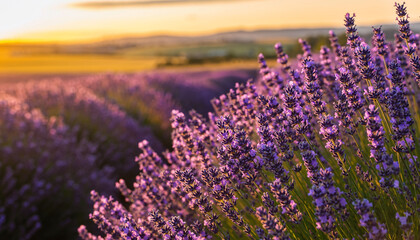 Obraz premium A beautiful close-up view of blooming lavender flowers in a vast field during sunset. Warm golden light illuminates the landscape, creating a tranquil and atmospheric scene. Ideal for themes related t