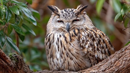 Obraz premium Fat owl perched on tree branch with sleepy eyes