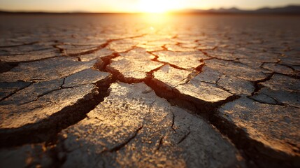 Cracked earth surface glows intensely under the setting or rising sun