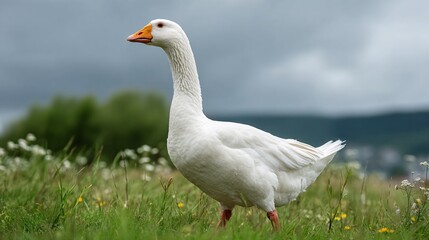 Fototapeta premium Round fluffy goose standing on green meadow