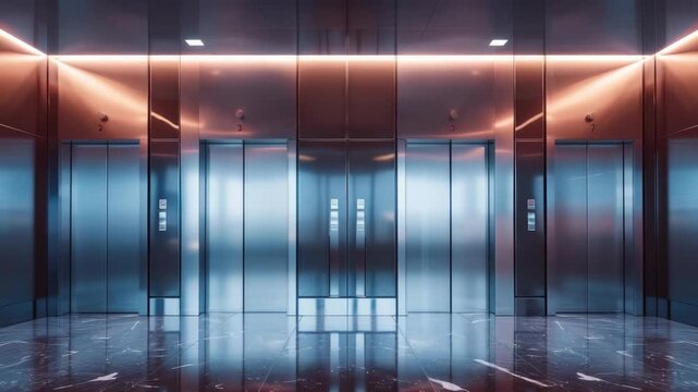 Modern lobby with reflective surfaces and multiple elevators