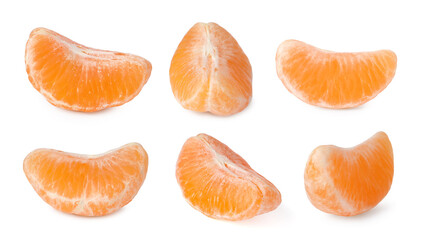 Tangerine segments isolated on white, set. Citrus fruit