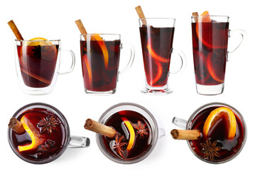 Mulled wine in glass cups isolated on white, top view and side view