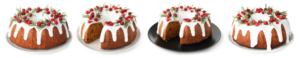 Christmas cakes decorated with cranberries and rosemary isolated on white, set