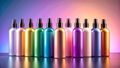 Hair styling spray bottles arranged in a gradient of color on a smooth pastel background with reflective highlights