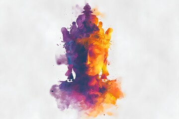 Abstract buddha face emerging from vibrant colorful ink splash on white background