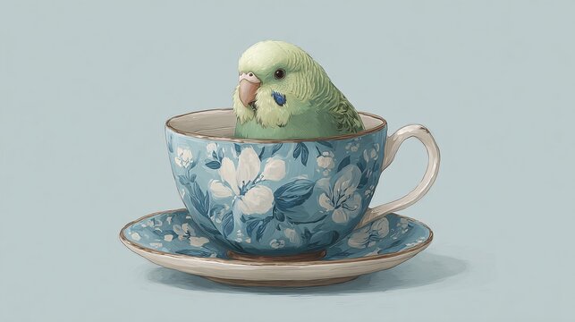 Round fat parakeet bird inside teacup pastel illustration