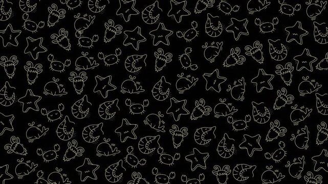 A detailed pattern of stars and shells on a dark textured background, emphasizing intricate line work and artistic ornamentation suitable for creative projects.
