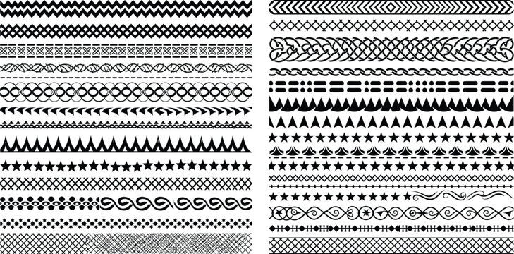 A collection of diverse seamless black borders and decorative line patterns for design elements and graphic ornamentation