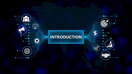 Introduction concept with central text and connected business and technology icons. Business, Technology, Internet and network concept. Business icons on digital world map background. - Powered by Adobe